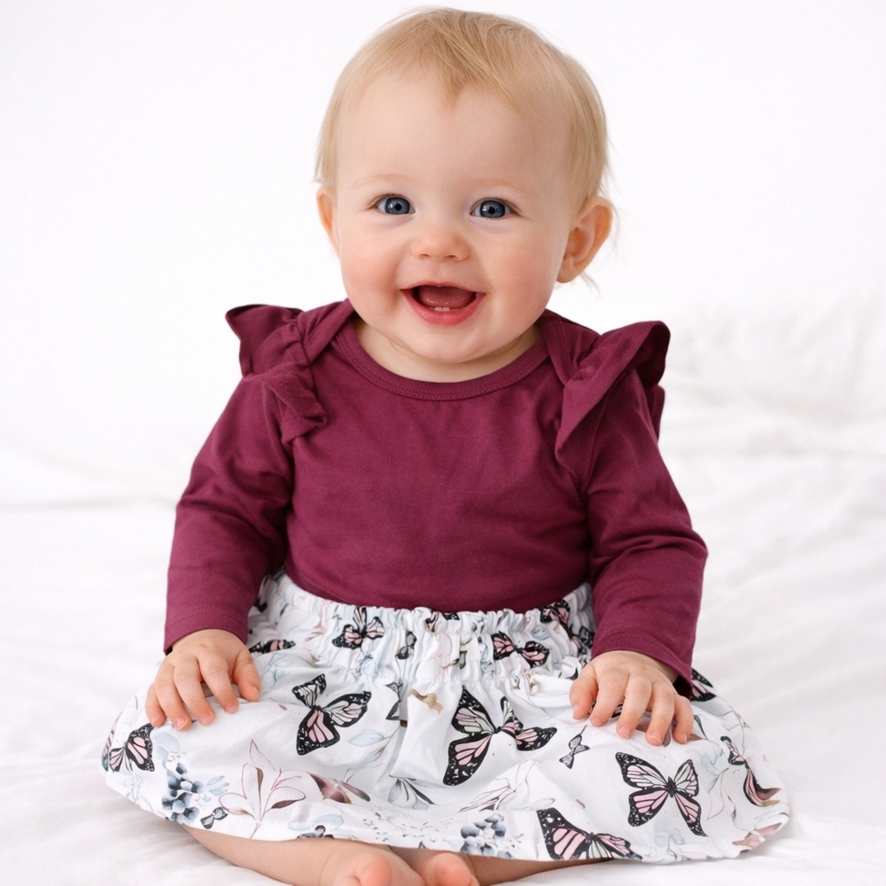 Burgundy Flutter Shoulder Onesie Top and Butterfly Skirt Set 0-3 Months